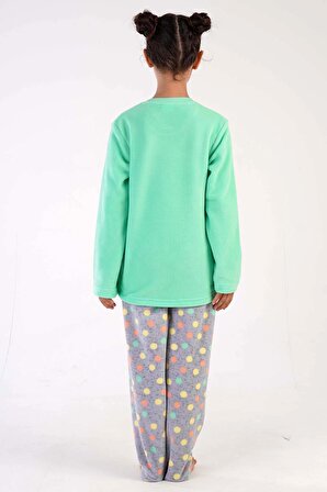 Kız Çocuk Yeşil Polar Uzun Kol Pijama Takımı