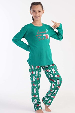 Kız Çocuk Yeşil Pamuklu Pijama Takımı