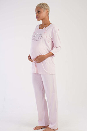 Kadın Açık Pembe Pamuklu Yakası Düğmeli Fakir Kol Eteği Oval Hamile Pijama Takımı