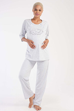 Kadın Gri Pamuklu Yakası Düğmeli Fakir Kol Eteği Oval Hamile Pijama Takımı