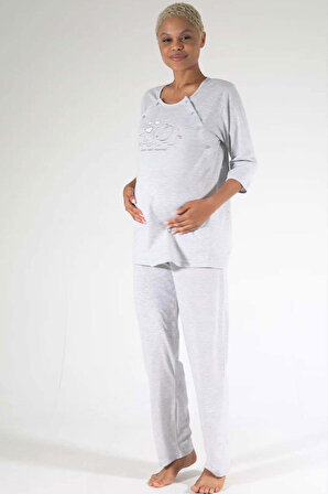 Kadın Gri Pamuklu Yakası Düğmeli Fakir Kol Eteği Oval Hamile Pijama Takımı