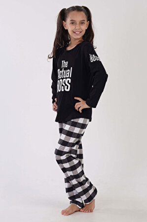 Kız Çocuk Siyah Pamuklu Uzun Kol Pijama Takım