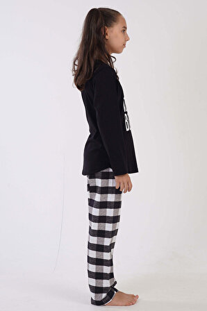 Kız Çocuk Siyah Pamuklu Uzun Kol Pijama Takım