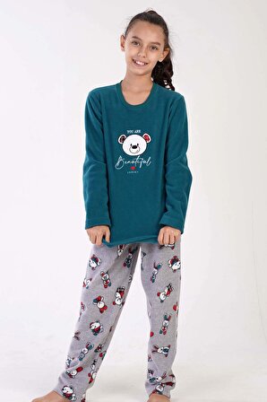 Kız Çocuk Mint Polar Uzun Kol Pijama Takım