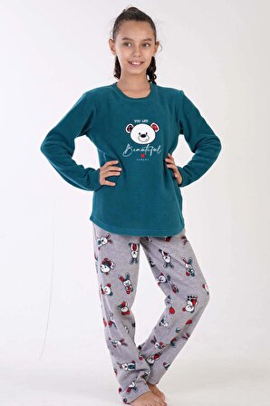 Kız Çocuk Mint Polar Uzun Kol Pijama Takım