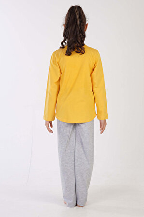 Kız Çocuk Sarı Pamuklu O Yaka Uzun Kol Pijama Takımı