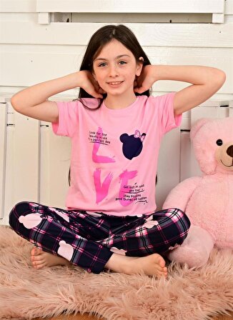kız çocuk kısa kollu pijama takımı love bear pembe