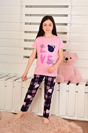 kız çocuk kısa kollu pijama takımı love bear pembe