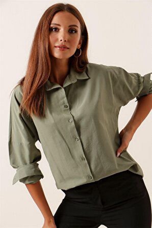 Oversize Uzun Basic Gömlek Haki