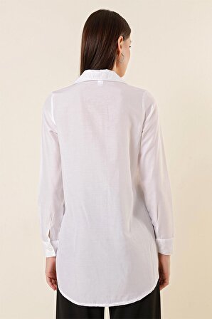 Tek Tarafı Verev Şeritli Tunik Gömlek Beyaz