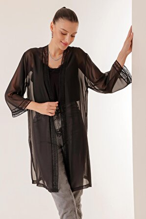 Yaka Ve Kol Ucu Dantelli Uzun Şifon Kimono Ceket