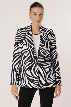 Tek Düğmeli Astarlı Zebra Desen Rahat Kalıp Ceket