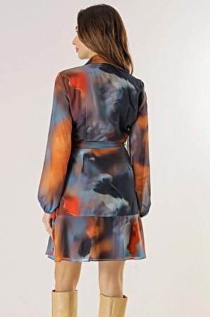 Polo Kruvaze Yaka Astarlı Beli Kuşaklı Batik Şifon Elbise