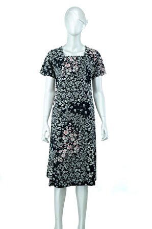 Oppland Kadın Şık Çiçek Desenli Kısa Kollu Tam Kalıp Likralı Viskon Kumaş Klasik Diz Altı Elbise