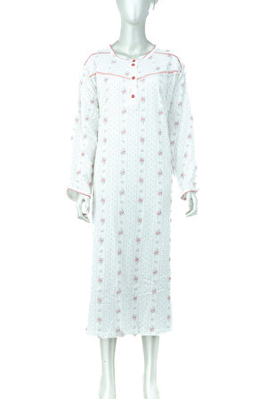 Oppland Kadın Uzun Kollu ince Gül Desenli Battal Beden Saf Pamuk Kumaş Anne Gecelik Elbise