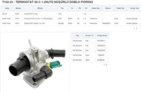 FİAT DOBLO İIORİNO 1.3MJTD TERMOSTAT 88°CMÜSÜRLÜ 55194271 1338020 NS