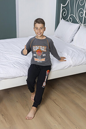 Erkek Çocuk Basketball Baskılı Bloklu Pijama Takımı 6-15 Yaş Kx5033