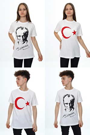 Unisex Çocuk ATATÜRK Portreli ve AYYILDIZ Baskılı 2'li T-Shirt 4-15 Yaş Lx001