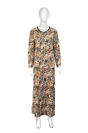 Kadın Viskon Kumaş Klasik Boydan Anne Elbise Yaprak Desenli Uzun Kollu Tam Kalıp Likralı