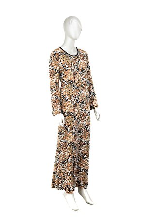 Kadın Viskon Kumaş Klasik Boydan Anne Elbise Yaprak Desenli Uzun Kollu Tam Kalıp Likralı