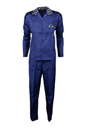 Oppland Erkek Klasik Model Pijama Takımı Premium ipeksi Kumaş Gömlek Yaka Desenli Cepli Tam Kalıp