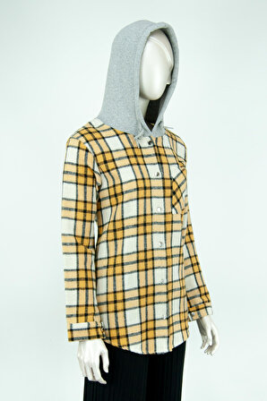 Oppland Kadın Ekose Desenli Önü Düğmeli Cepli Kapüşonlu Uzun Kollu Pamuklu Şardonlu Oduncu Gömleği