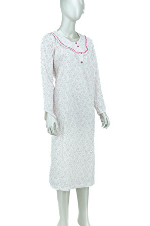 Oppland Kadın Şirin Salkım Desenli Uzun Kollu Battal Beden Saf Pamuk Kumaş Anne Gecelik Elbise