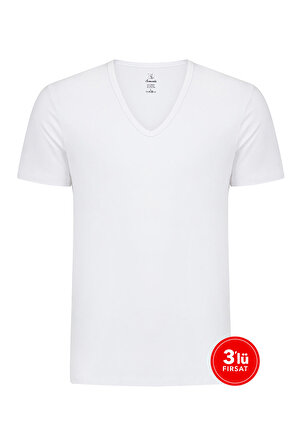 Erkek Modal Derin V Yaka Tshirt 3'lü Paket - Beyaz