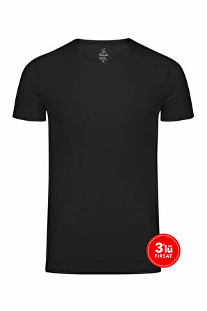 Erkek Modal Sıfır Yaka Tshirt 3'lü Paket  - Siyah