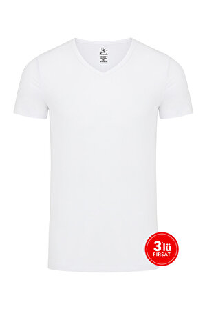 Erkek Modal V Yaka Tshirt 3'lü Paket  - Beyaz