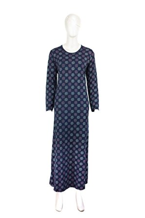 Kadın Viskon Kumaş Klasik Boydan Anne Elbise Dairesel Desenli Uzun Kollu Tam Kalıp Likralı