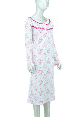 Oppland Kadın Şirin Çiçek Desenli Uzun Kollu Battal Beden Saf Pamuk Kumaş Anne Gecelik Elbise