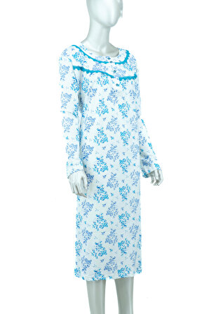 Oppland Kadın Şirin Çiçek Desenli Uzun Kollu Battal Beden Saf Pamuk Kumaş Anne Gecelik Elbise
