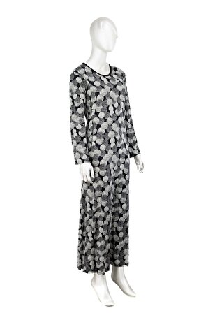 Kadın Viskon Kumaş Klasik Boydan Anne Elbise Cepli Oval Desenli Uzun Kollu Tam Kalıp Likralı