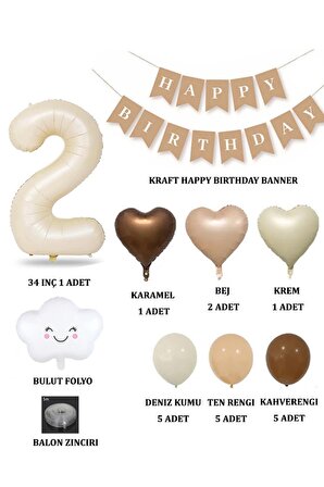 2 Yaş Retro Doğum Günü Seti; Krem Rakam Folyo, Banner, Kalp Folyo ve Lateks Balon
