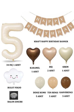 5 Yaş Retro Doğum Günü Seti; Krem Rakam Folyo, Banner, Kalp Folyo ve Lateks Balon