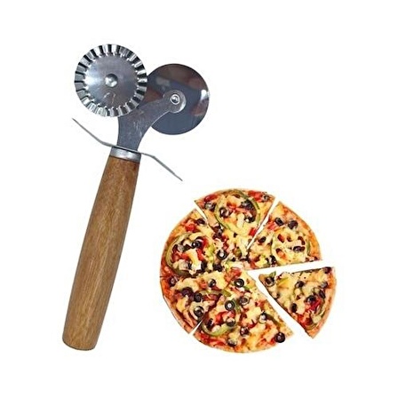 Paslanmaz Çelik Lüx Metal Hamur Kesici Hamur Pizza Kesici Çift Başlı Ahşap Saplı Pizza Kesici 