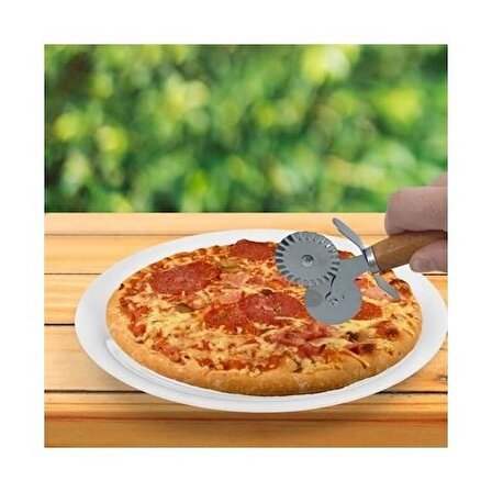 Paslanmaz Çelik Lüx Metal Hamur Kesici Hamur Pizza Kesici Çift Başlı Ahşap Saplı Pizza Kesici 