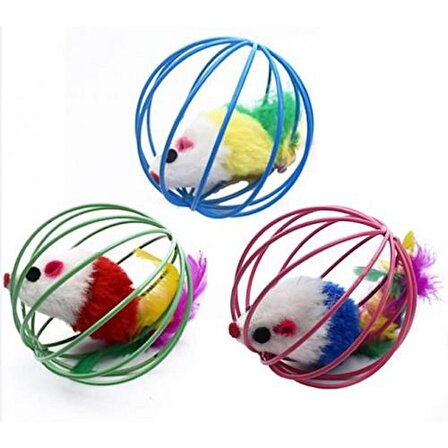 Köpek Oyuncağı Kafesli Renkli Fareli Kedi Köpek Oyun Topu Peluş Kedi Oyuncağı 6cm Fareli Kedi Oyun Topu 