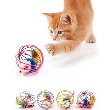 Köpek Oyuncağı Kafesli Renkli Fareli Kedi Köpek Oyun Topu Peluş Kedi Oyuncağı 6cm Fareli Kedi Oyun Topu 