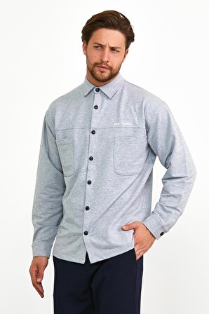 Erkek Çıtçıt Detaylı Slim Fit Sweatshirt Dış Gömlek Gri Melanj