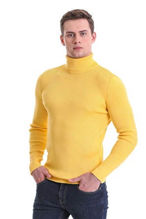 Sarı Slim Fit Fitilli Balıkçı Yaka Yünlü Triko Kazak | L