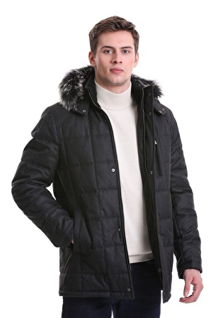 Siyah Slim Fit Hakim Yaka Kürklü Kapüşonlu Kaban | M