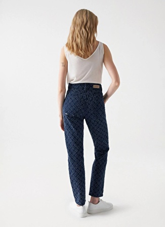 Koyu Mavi Kadın Yüksek Bel Mom Fit Denim Pantolon JACQUARD TRUE TROUSERS 21007036