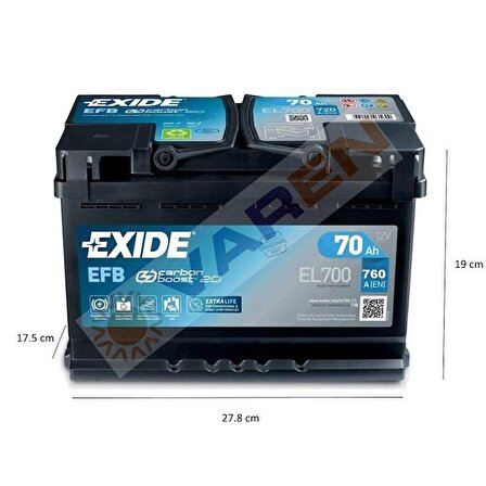 EXIDE 70 Ah EFB Start Stop 760 A(EN) Akü