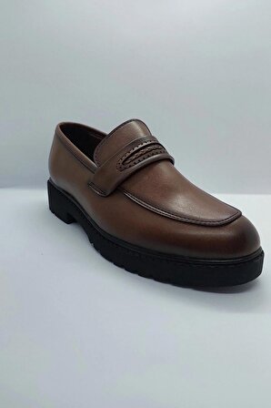 %100 El İşçiliği Rahat Taban İp Detaylı Kahverengi Renk İmalat Deri Klasik Kundura Ayakkabı
