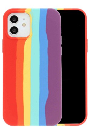 iPhone 13 Pro Leke Tutmaz Rainbow Desenli içi Kadife Turuncu Kılıf