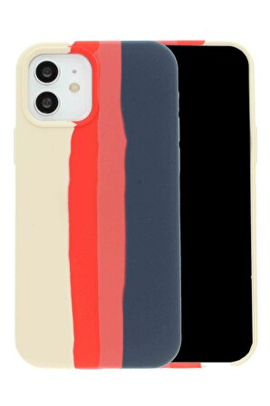 iPhone 13 Leke Tutmaz Rainbow Desenli içi Kadife Kırmızı Kılıf