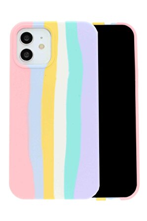 iPhone 13 Leke Tutmaz Rainbow Desenli içi Kadife Pembe Kılıf