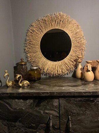Hug 3 Katmanlı Yoğunlaştırılmış Bronz Bohem Muz Lifi Ayna - Büyük Boy 70 cm - Rafya - Handmade